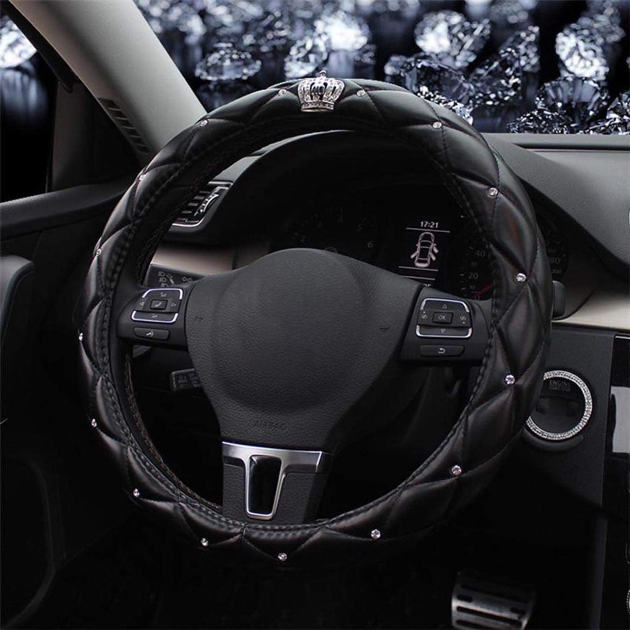 New Diamond+Leather Steering Wheel Cover,Bling Crystal Rhinestones Steering Wheel Cover Universal Fit 15" Car Wheel Protector for Women Girls (Black Crown)