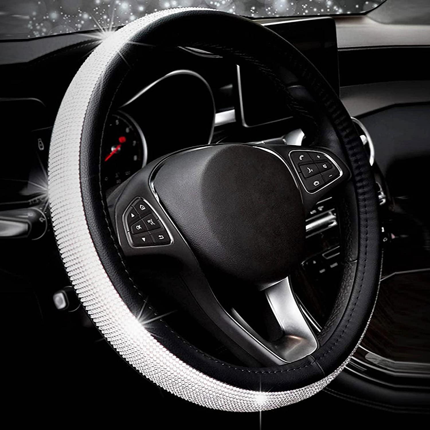 New Diamond+Leather Steering Wheel Cover,Bling Crystal Rhinestones Steering Wheel Cover Universal Fit 15" Car Wheel Protector for Women Girls (Black Leather+White Diamond)