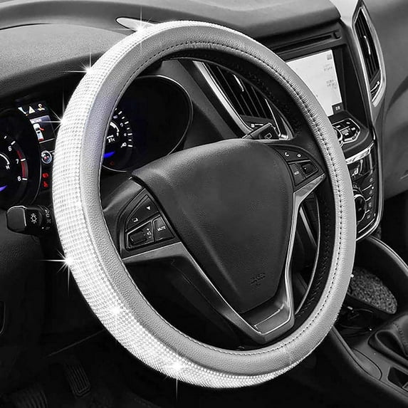 New Diamond+Leather Steering Wheel Cover,Bling Crystal Rhinestones Steering Wheel Cover Universal Fit 15" Car Wheel Protector for Women Girls (Grey)