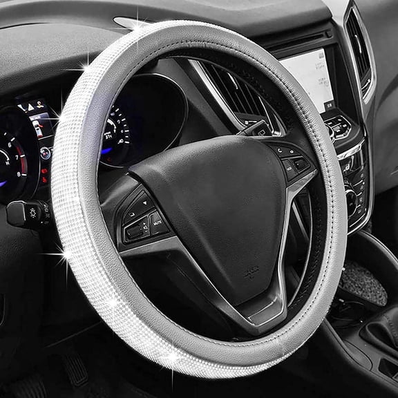 New Diamond+Leather Steering Wheel Cover,Bling Crystal Rhinestones Steering Wheel Cover Universal Fit 15" Car Wheel Protector for Women Girls (Grey)