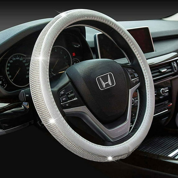 New Diamond Leather Steering Wheel Cover with Bling Bling Crystal Rhinestones, Universal Fit 15 Inch Car Wheel Protector for Women Girls