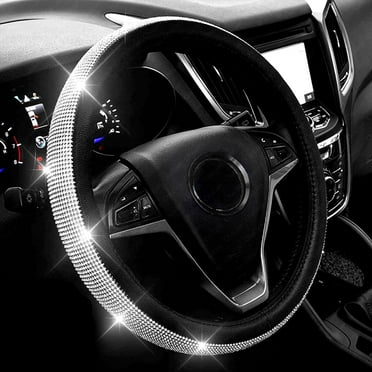 New Diamond Leather Steering Wheel Cover with Bling Bling Crystal Rhinestones, Universal Fit 15 Inch Car Wheel Protector for Women