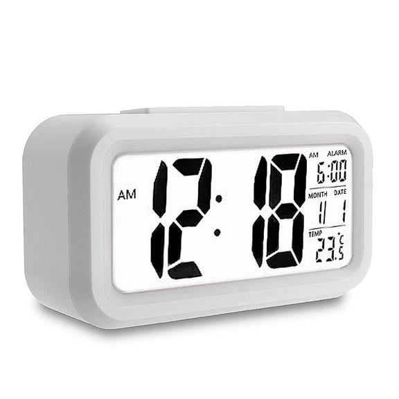 New Digital Bedside LED Snooze Alarm Clock Time Temperature Day/Night Mode Clock-White