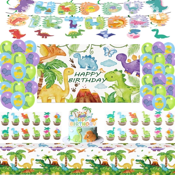 New Dinosaur Birthday Decorations Kit Include Happy Birthday Banner, Balloons, Swirls, Cake Cupcake Toppers, Tablecloth Backdrop for Kids Dinosaur Theme Party Birthday Supplies.