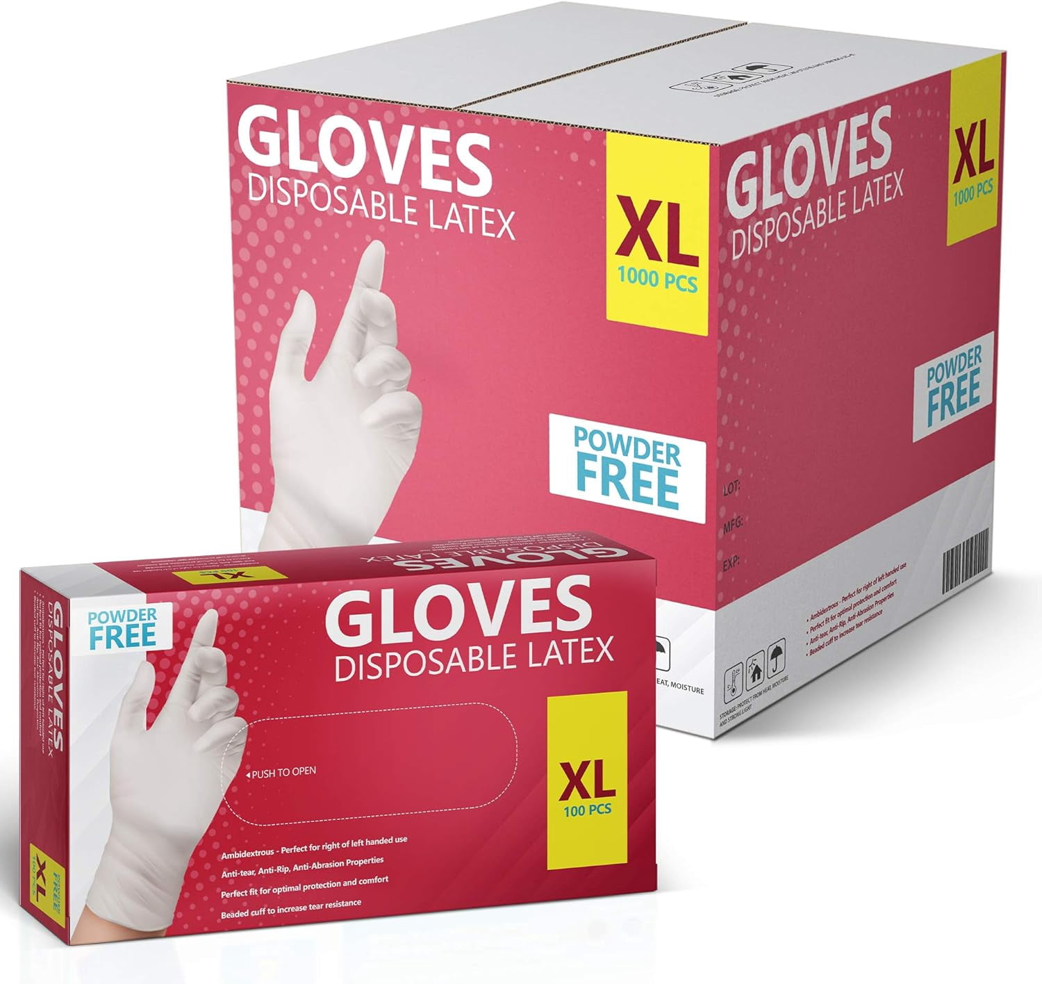 Disposable Latex Gloves - Powder Free, 100 Per Box, 1000 Per Case, Ambidextrous