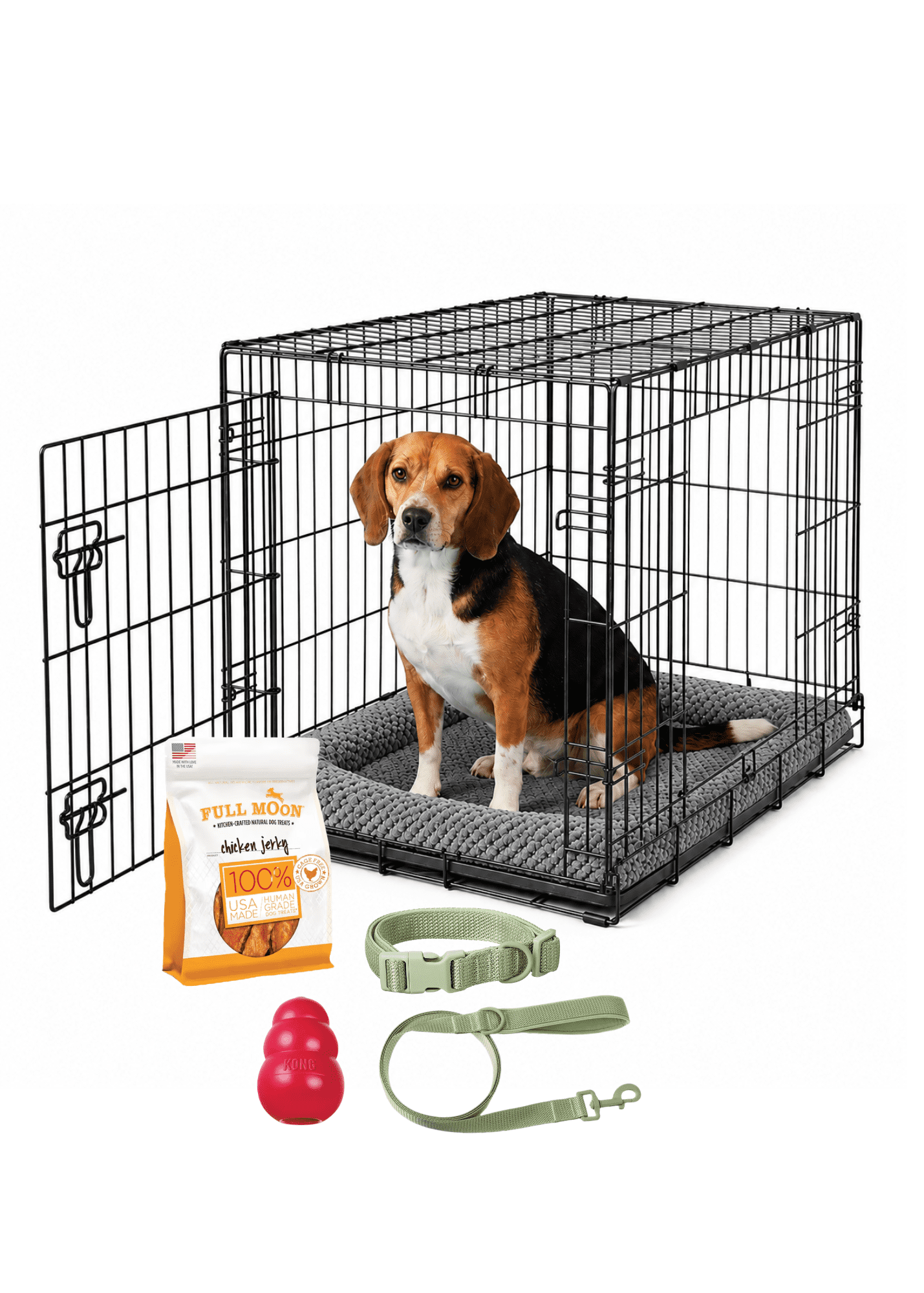 New Dog Starter Kit, 6-Piece Set with Wire Crate, Crate Mat, Collar, Leash, KONG Toy & Full Moon Chicken Jerky Treats