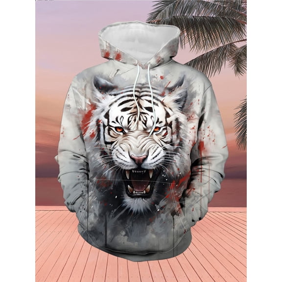New Domineering White Tiger Print Hooded Sweatshirt Men's Trendy Loose Casual Pullover Personalized Animal Pattern Long Sleeve Top, Long Sleeve Casual Men's Clothing, Sweatshirt