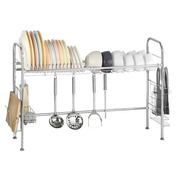 New Double Sink Single Tier Dish Rack, Space-Saving Dish Drainer with Utensil Holder & Cup Slots - Drying Rack Organizer for Kitchen Countertop