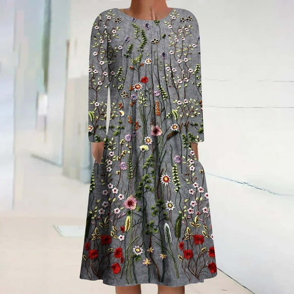 New Dresses Fall,Brilliant Womens Dresses Clearance Women's Casual Round Neck Long Sleeve Folding Floral Printed Dresses