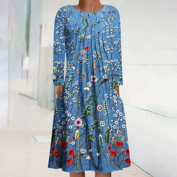 New Dresses Fall,Brilliant Womens Dresses Women's Casual Round Neck Long Sleeve Folding Floral Printed Dresses
