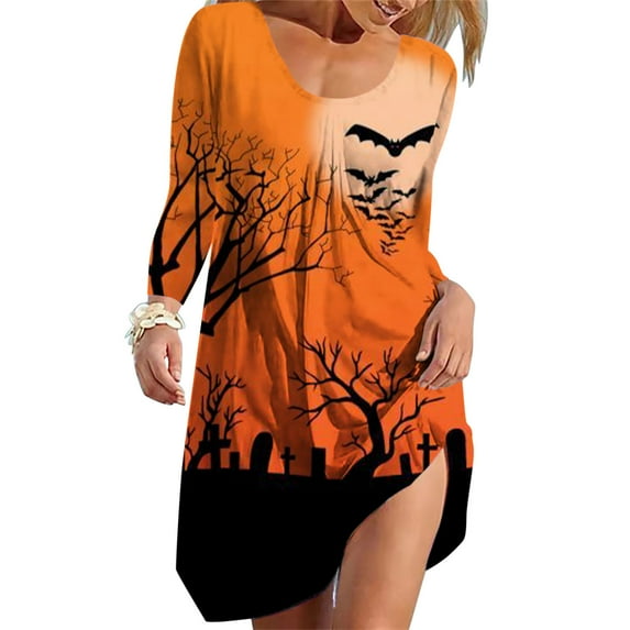 New Dresses Fall,Brilliant Womens Dresses Clearance Women's Round Neck Printed Halloween Knee Length Dress LooseLong Sleeves Mini Dress