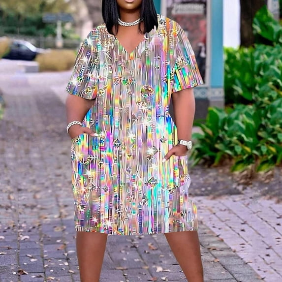 New Dresses for Women Plus Size Women'S Oversized Printed Loose Casual Short Sleeved-Neck Knee Length Dress Midi Dresses for Women