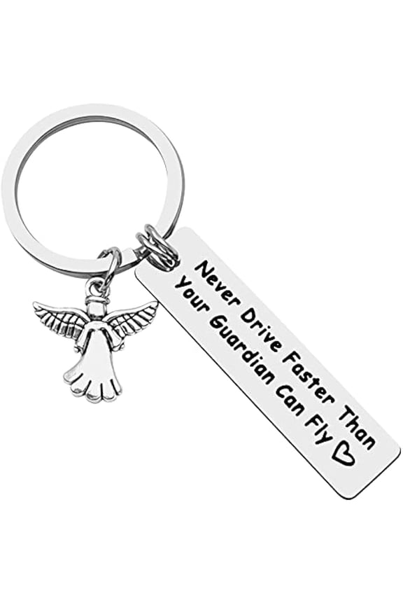 New Driver Keyring, Never Drive Faster Than Your Guardian Angel Can Fly Keychain, Silver, Angel Theme, Perfect for New Drivers, Teens, Parents, Family, Unisex-Youth