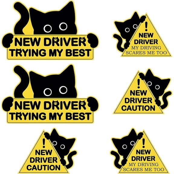 New Driver Sticker, 6-Pack Magnetic Cat Stickers for Cars, Reflective Student Driver Magnet for Car with Artistic Design, Durable New Driver Magnets for Vehicle Safety