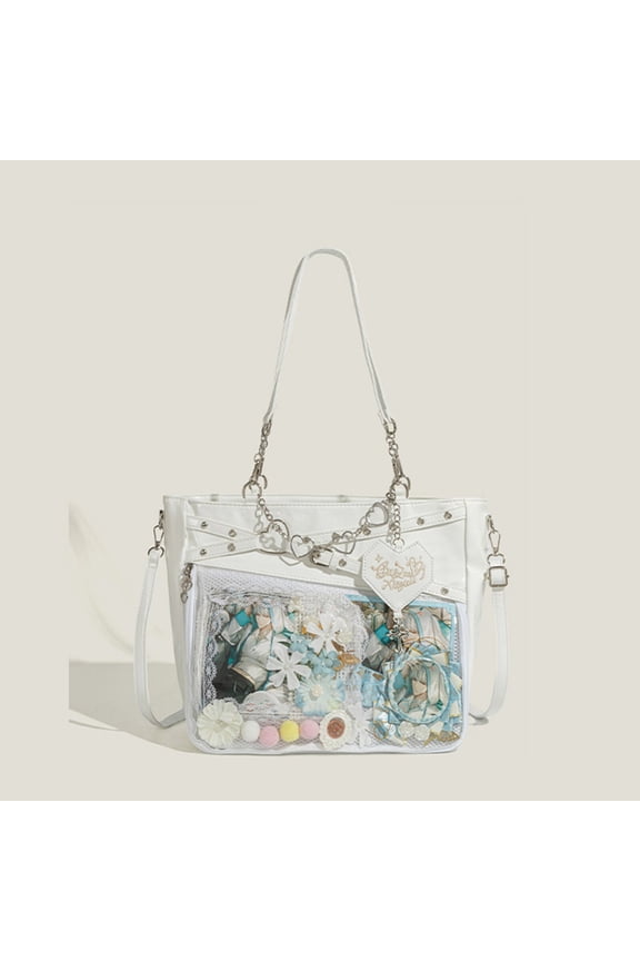 New Edgy Ita Bag for Women and Girls with Clear Display Window and Belt Decor, Large Capacity Heartbeat Trajectory Crossbody Shoulder Bag, Heart Chain in Red for Daily Commute