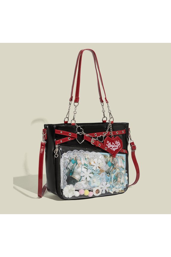 New Edgy Ita Bag for Women and Girls with Clear Display Window and Belt Decor, Large Capacity Heartbeat Trajectory Crossbody Shoulder Bag, Heart Chain in Red for Daily Commute