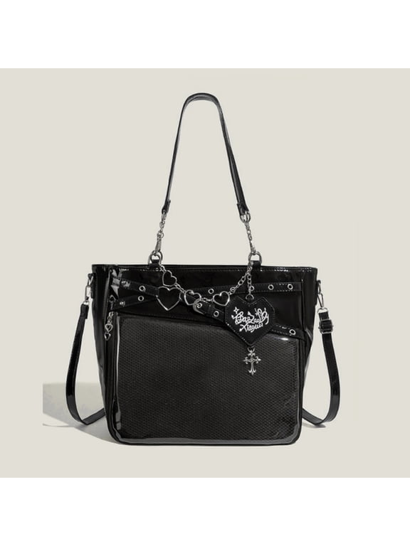New Edgy Ita Bag for Women and Girls with Clear Display Window and Belt Decor, Large Capacity Heartbeat Trajectory Crossbody Shoulder Bag, Heart Chain in Red for Daily Commute