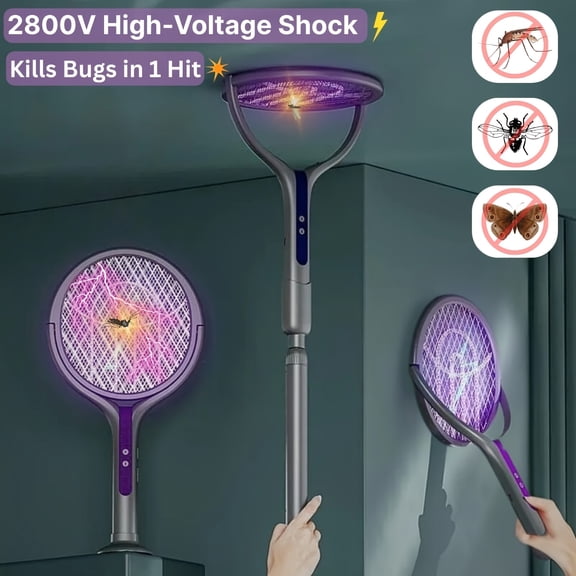 New Electric Fly Swatter Racket with 2-in-1 Smart Bug Zapper, USB Rechargeable Base, Powerful Mosquito Trap Lamp and Fly Killer for Home Bedroom Use, Retractable and Portable Design
