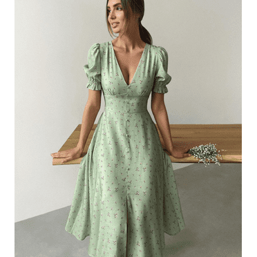 New Elegant Breasted Midi Skirt V-neck Lantern Sleeve Printed Dress Women's Spring Summer