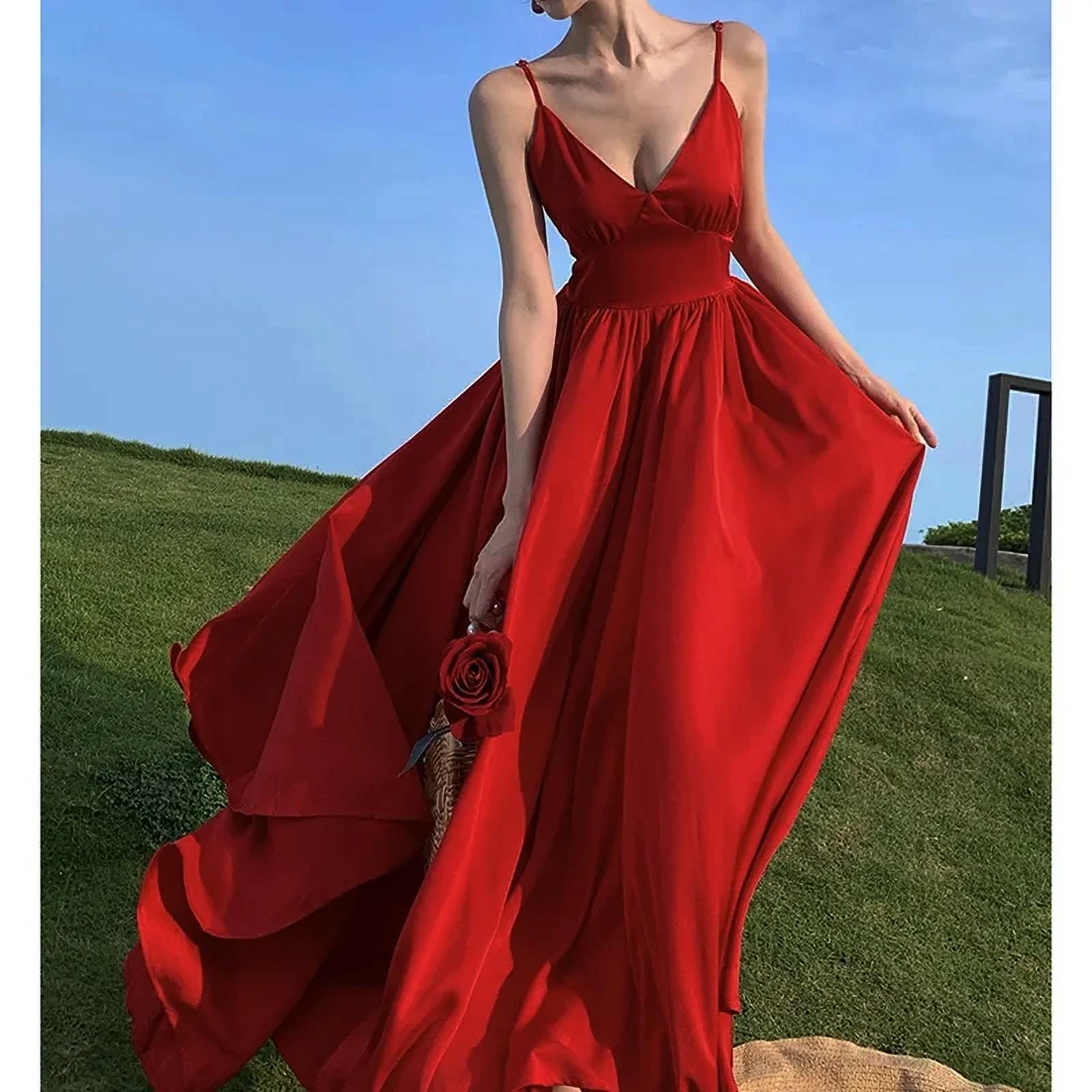 New Elegant Women Deep V Backless Long Formal Satin Dress 2024 Retro