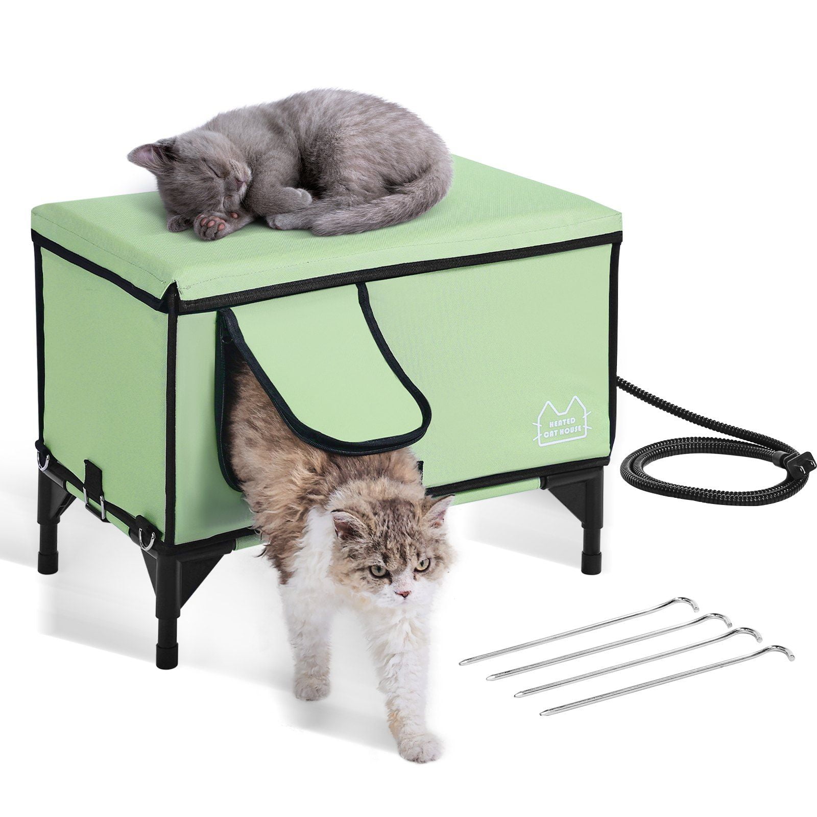 Medium Green Elevated Heated Outdoor Cat House with Waterproof Insulation