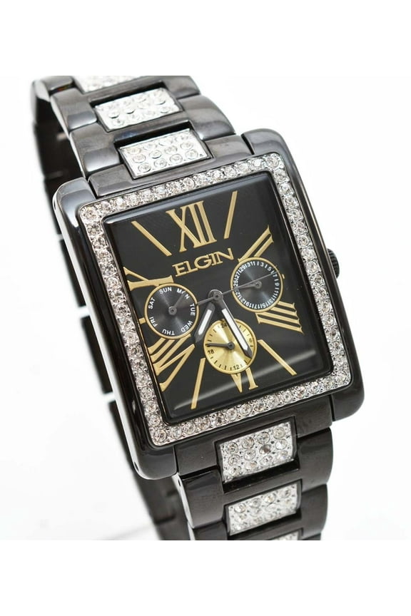 New Elgin Men`s Black IP Crystal Band & Dial Multifunction Quartz Watch FG10003