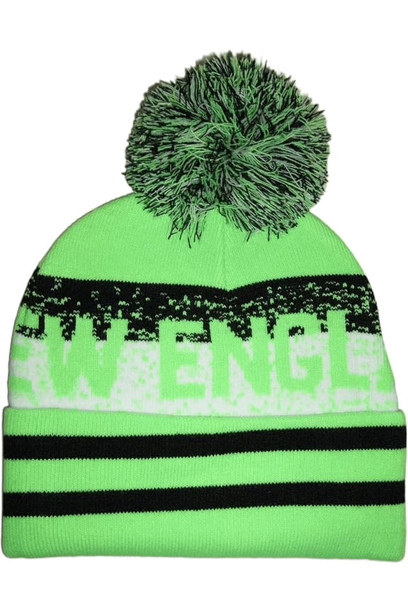 New England Adult Size Digital Pattern Winter Knit Pom Beanie Hat (Neon Green)