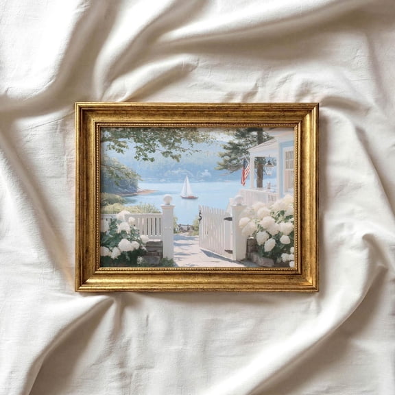 New England Cottage Wall Art Print, White Hydrangea Harbor And Cape Cod Decor