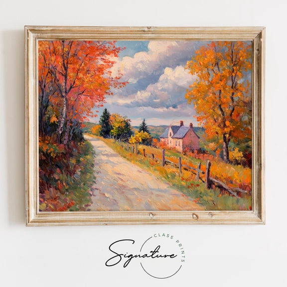 New England Country Lane In Autumn, Earthy Fall Colors, Rustic Cottage, Maple Trees, Charming Countryside Road Art, 1267 Home Decor, 24x36 UNFRAMED