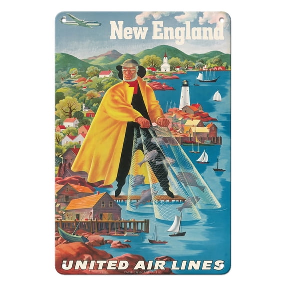 New England - Fishing - United Air Lines - Vintage Airline Travel Poster by Joseph Fehér c.1940 - 8 x 12 inch Vintage Metal Tin Sign