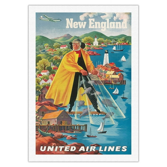 New England - Fishing - United Air Lines - Vintage Airline Travel Poster by Joseph Fehér c.1940 - Fine Art Rolled Canvas Print 27in x 40in