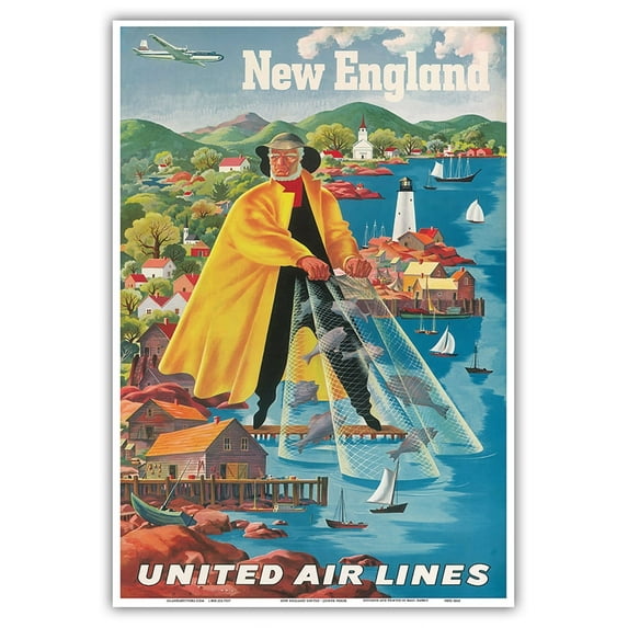 New England - Fishing - United Air Lines - Vintage Airline Travel Poster by Joseph Fehér c.1940 - Master Art Print (Unframed) 13in x 19in
