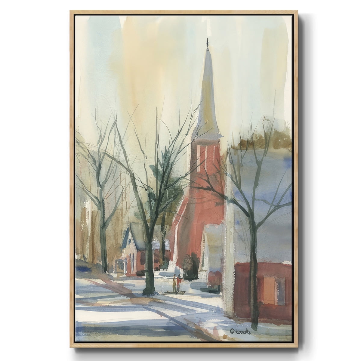 New England Main Street - Framed Gallery Wrapped Holiday Canvas - 17 x 25 - Natural Wood Frame