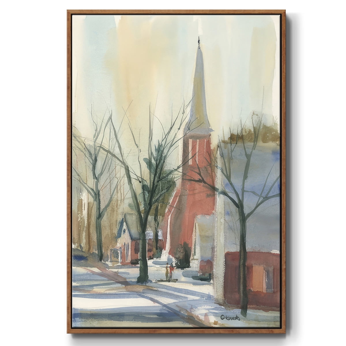 New England Main Street - Framed Gallery Wrapped Holiday Canvas - 17 x 25 - Rosewood Frame