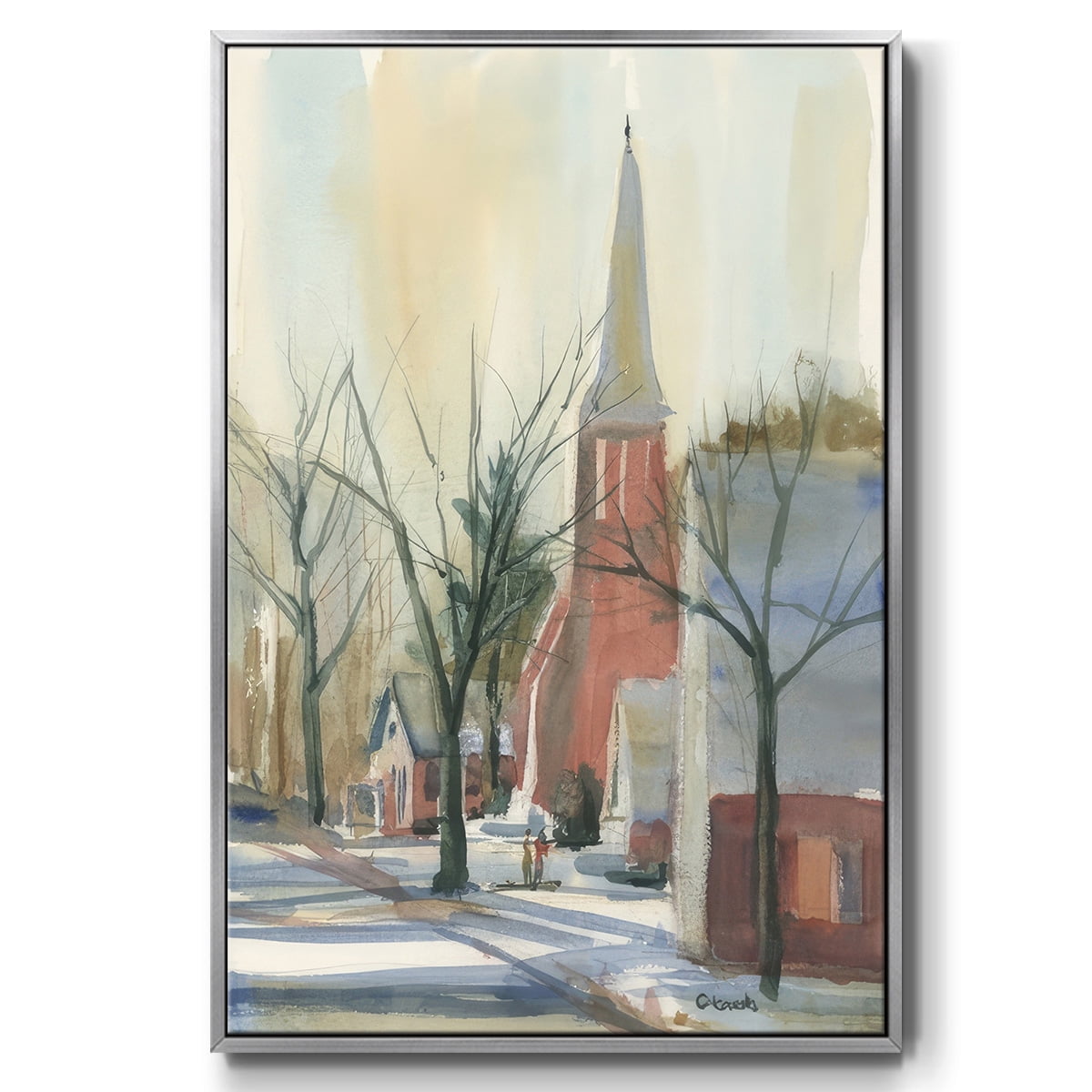 New England Main Street - Framed Gallery Wrapped Holiday Canvas - 27 x 41 - Silver Frame
