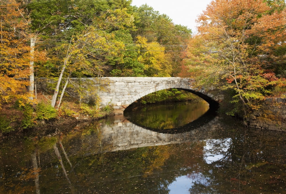 New England Massachusetts Blackstone Valley Bridge over river in autumn Canvas Art - Jenna Szerlag Design Pics (18 x 12)