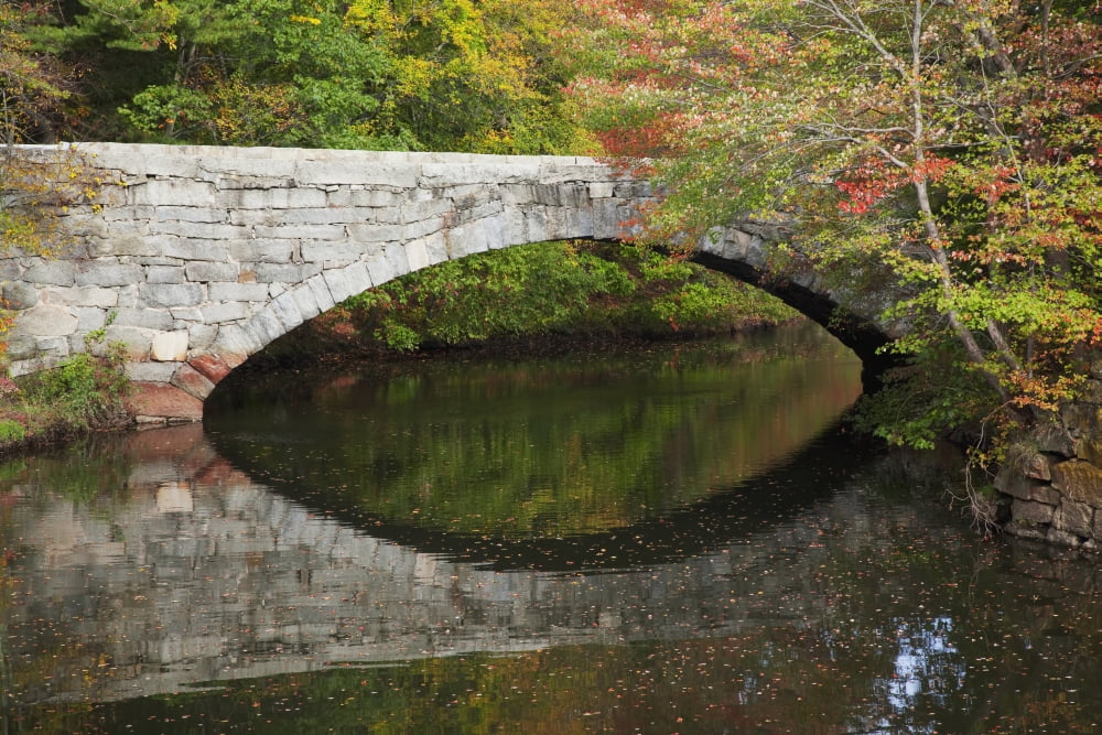 New England Massachusetts Blackstone Valley Bridge over river in autumn Canvas Art - Jenna Szerlag Design Pics (38 x 24)