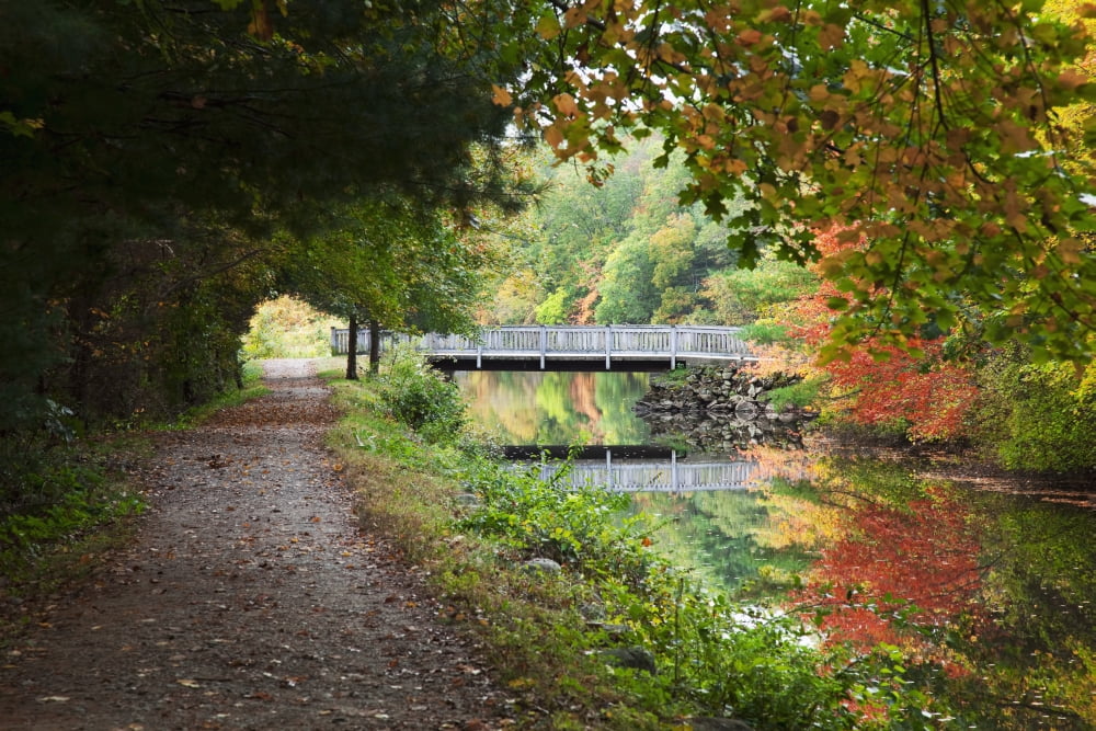 New England Massachusetts Blackstone Valley Pathway and bridge near river Canvas Art - Jenna Szerlag Design Pics (38 x 24)