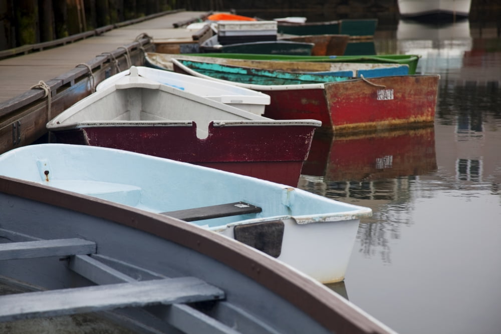 New England Massachusetts Close up of small wooden boats in the Rockport Harbor Canvas Art - Jenna Szerlag Design Pics (36 x 24)