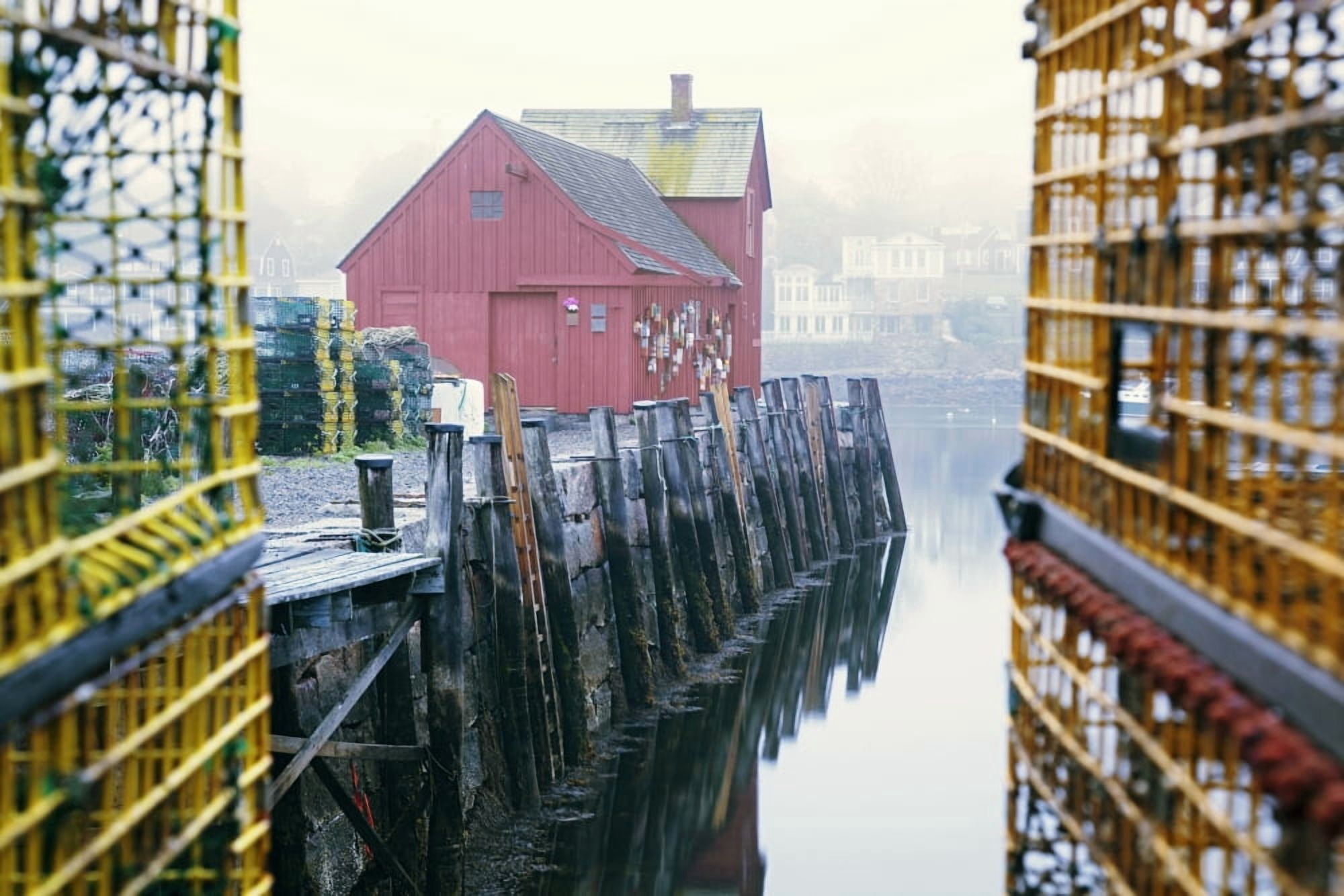 New England Massachusetts Red building at the end of Rockport Harbor Framed by trap cages Canvas Art - Jenna Szerlag Design Pics (18 x 12)