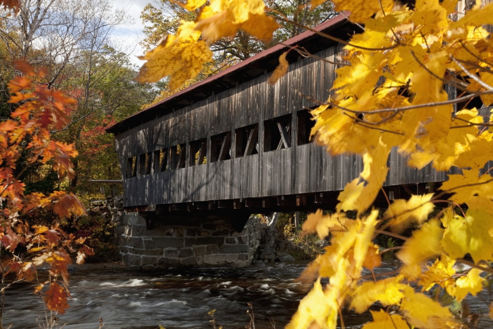 New England New Hapshire White mountains A covered bridge over a river in Autumn Canvas Art - Jenna Szerlag Design Pics (19 x 12)