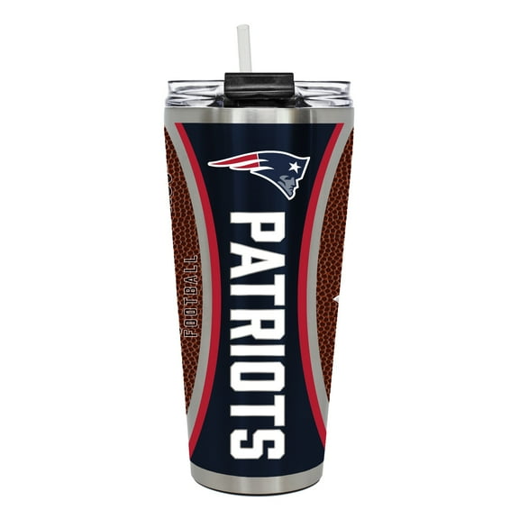 New England Patriots 32 ounce vacuum insulated stainless steel tumbler with Gameball graphic