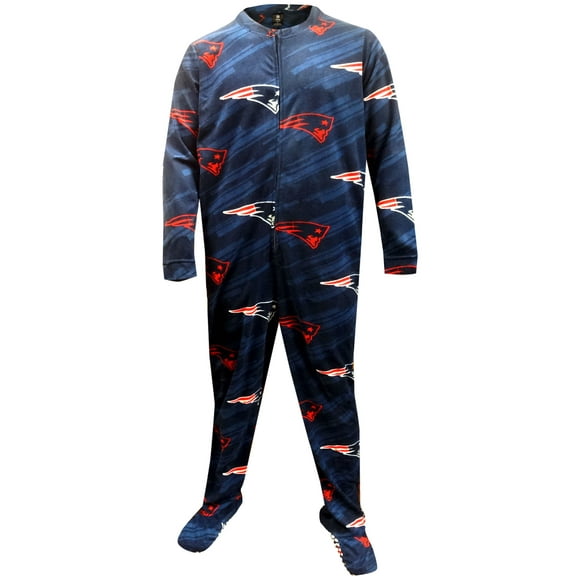 WebUndies Mens New England Sports Navy Blue One Piece Footie Pajama (Small)