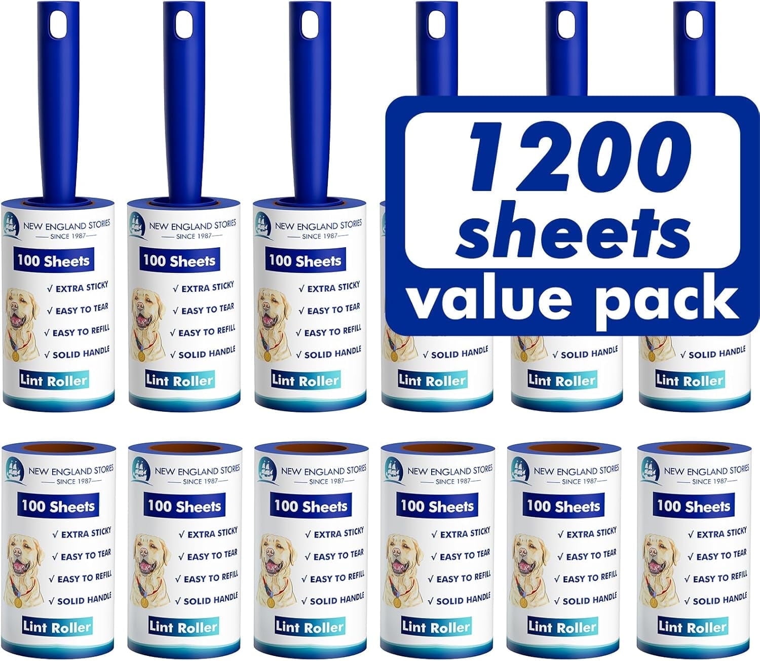 New England Stories Extra Sticky Lint Roller, 12-Pack, 1200 Sheets
