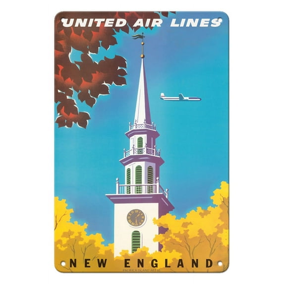New England - United Air Lines - Georgian Steeple - Vintage Airline Travel Poster by Joseph Binder c.1950s - 8 x 12 inch Vintage Metal Tin Sign
