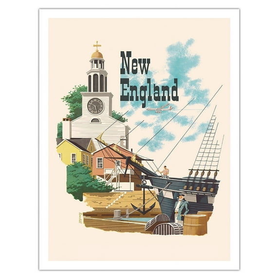 New England United States - Bay - Vintage Airline Travel Poster by Bern Hill c.1960s - Fine Art Matte Paper Print (Unframed) 20x26in