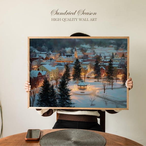 New England Winter Town Snowy Village Gazebo Lights Cozy Landscape Home Decor Office Wall Art