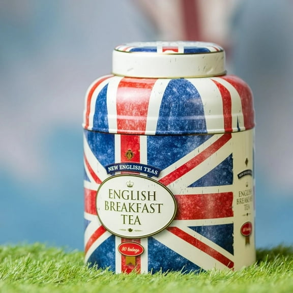 New English Teas Distressed Union Jack Round Tea Caddy With 80 English Breakfast Teabags