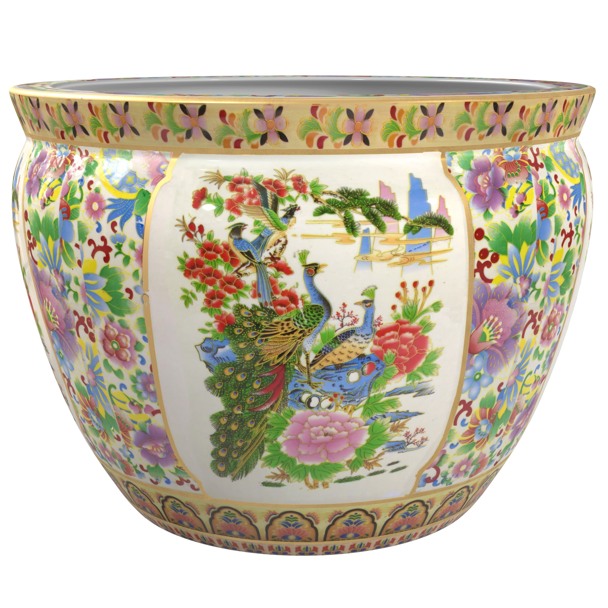 Red Lantern 14" Satsuma Birds & Flowers Porcelain Fishbowl Planter