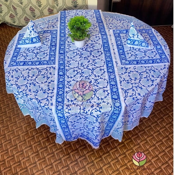 New Era Creation Blue Print Table Cloth, Cover India Cotton Table Linen, Custom,Gift for Her,Indian Table Cloth Indigo Print